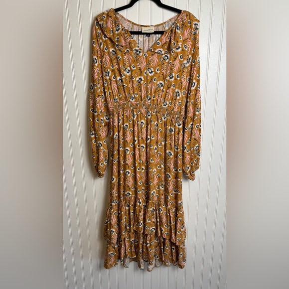 Universal Thread Yellow/Brown Floral Defined Waist Midi Dress R11 - Picture 1 of 6